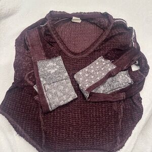 Burgundy Waffle Knit Top with Gray Accents